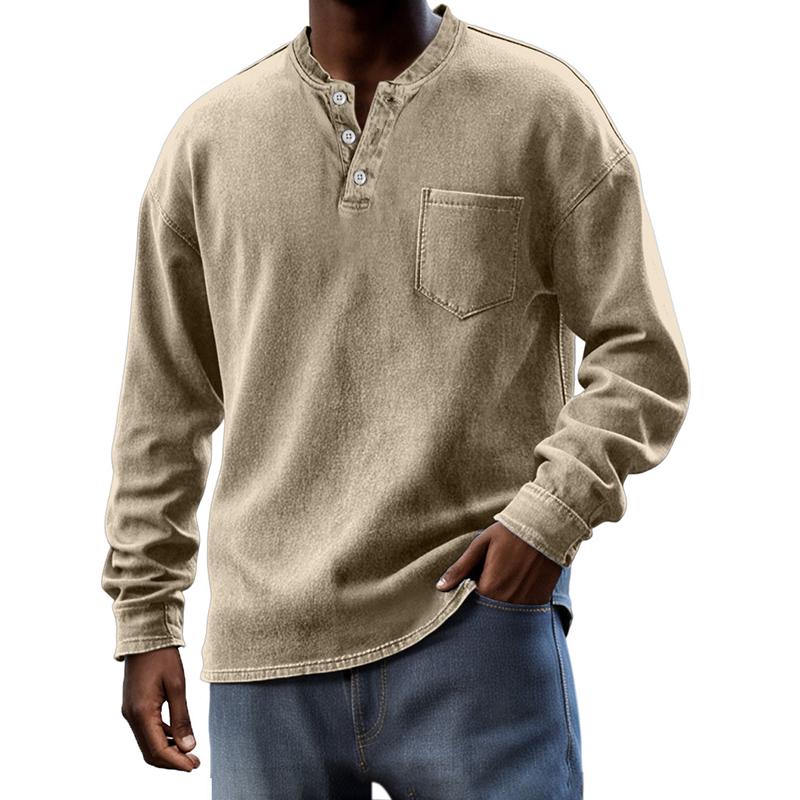 Men's Solid Henley Collar Chest Pocket Long Sleeve T-shirt 9261142442168