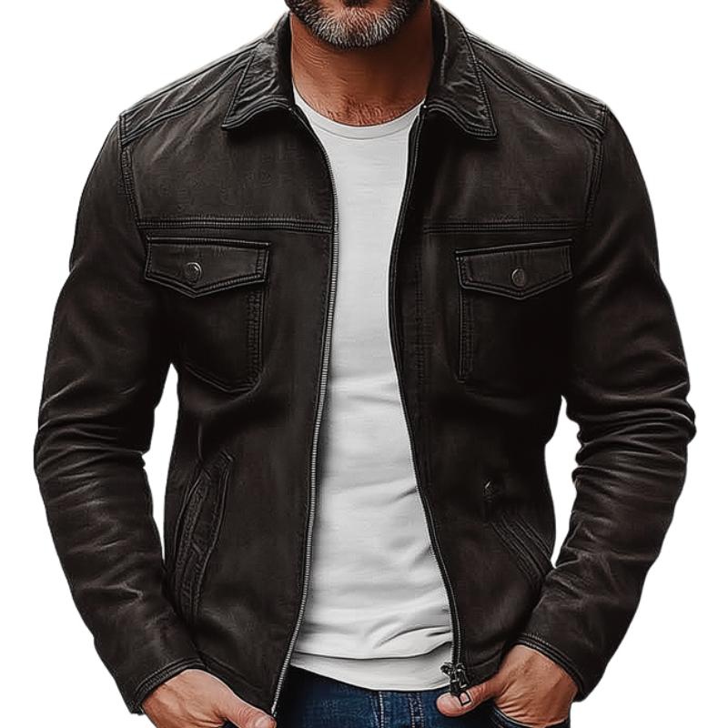 Men's Vintage Leather Lapel Zipper Multi-Pocket Slim Fit Jacket 9261091750072