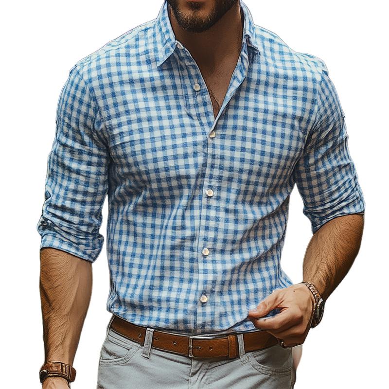 Men's Vintage Casual Plaid Button Lapel Long Sleeve Shirt 9888006373560