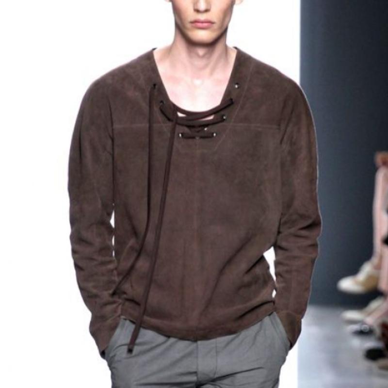 Men's Classic Casual V-Neck Drawstring Suede Sweatshirt 9886820237496