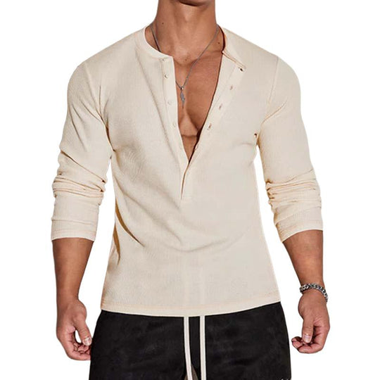 Men's Classic Casual Multi-button V-neck Slim Long-sleeved T-shirt 9261142343864