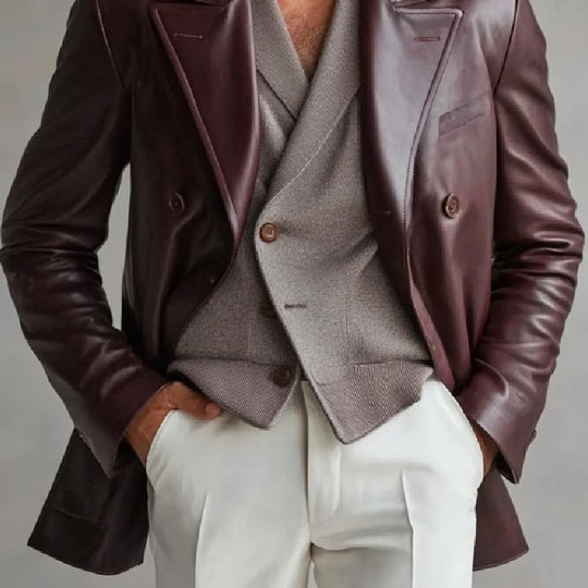 Men's Vintage Lapel Double Breasted Leather Blazer 9877217575096