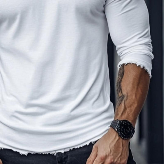 Men's Fashion Raw Edge Round Neck Slim Fit Long Sleeve T-Shirt 9884643590328