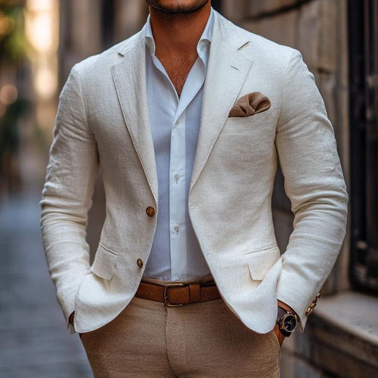 Men's Fashion Solid Color Linen Notch Lapel Two Buttons Casual Blazer 9885838999736