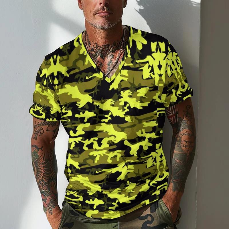 Men's Camouflage V Neck Breast Pocket Short Sleeve T-shirt 9261140508856