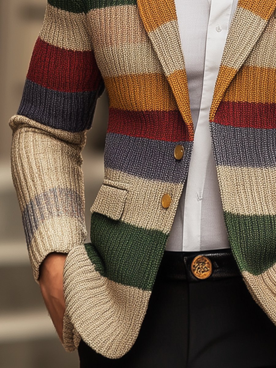 Men's Casual Rainbow Striped Lapel Long Sleeve Knit Cardigan 9888734314680