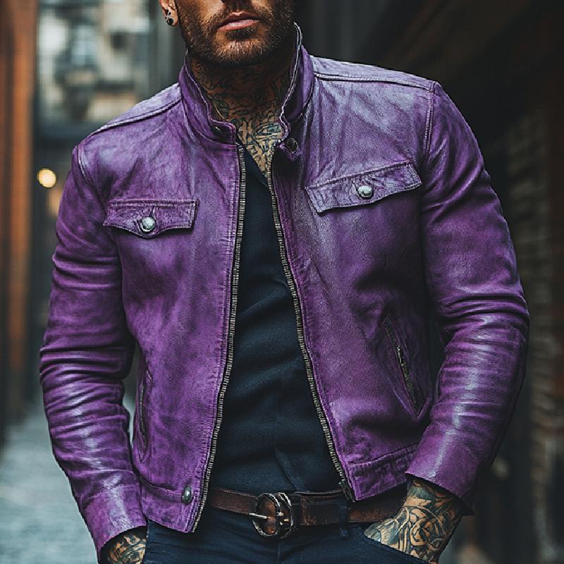 Men's Classic Stand Collar Casual Leather Jacket 9271920885944