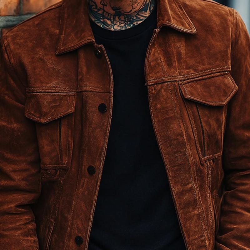Men's Solid Color Suede Lapel Single Breasted Jacket 9882787971256