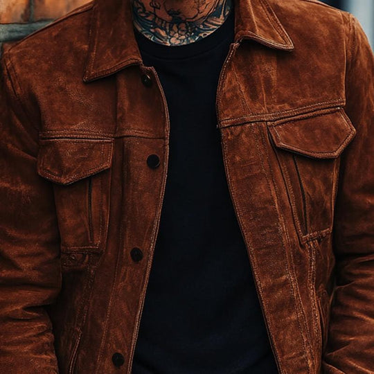 Men's Solid Color Suede Lapel Single Breasted Jacket 9882787971256