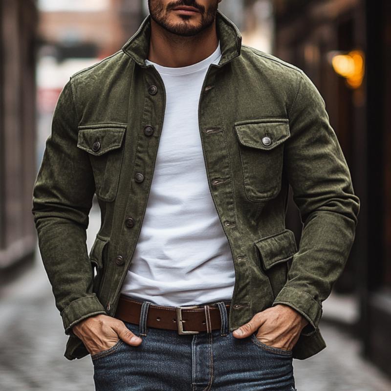 Men's Vintage Washed Denim Lapel Single Breasted Multi-Pocket Jacket 9885320478904