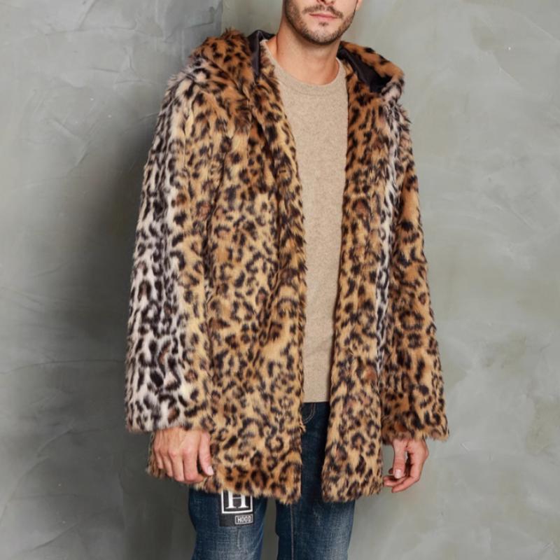 Men's Classic Casual Leopard Print Hooded Plush Faux Fur Coat 9261110231224