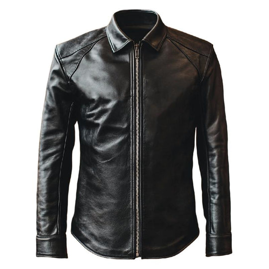 Men's Classic Black Lapel Long Sleeve Leather Shirt 9879658954936