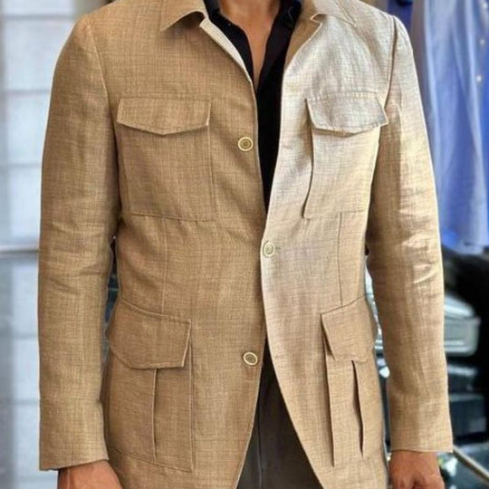 Men's Casual Cotton Linen Lapel Multi-pocket Safari Jacket 9880239538360