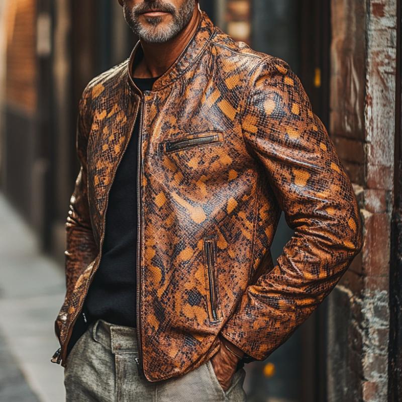 Men's Stylish Stand Collar Zippered Python Print Leather Jacket 9888004669624