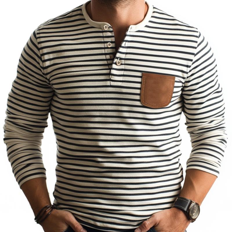 Men's Casual Striped Henley Collar PU Patch Pocket Slim Fit T-Shirt 9261137592504