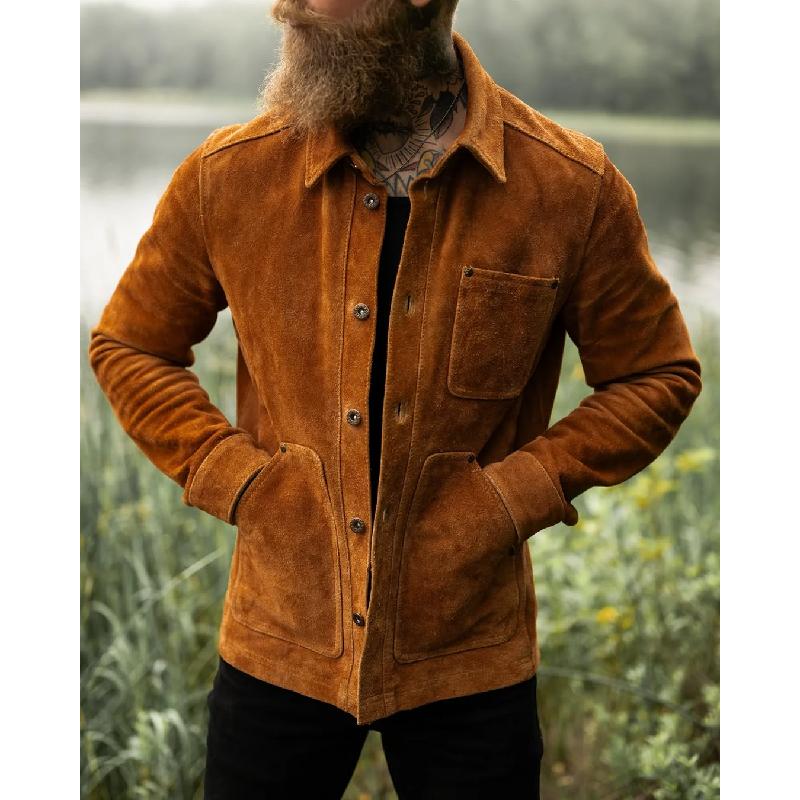 Men Fashion Suede Multi-Pocket Single Breasted Jacket 9883355054264