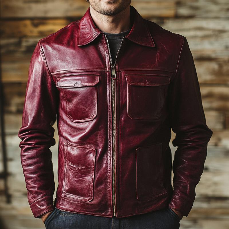 Men's Multi-Pocket Burgundy Lapel Leather Jacket 9877925134520