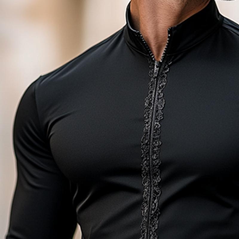 Men's Retro Casual Stand Collar Zipper Long Sleeve Shirt 9880235573432