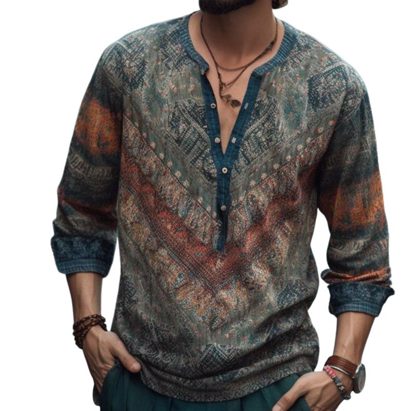 Men's Vintage Casual Printed Henley Collar Long Sleeve Shirt 9886819713208