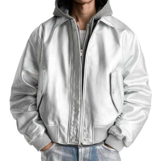 Men's Stylish Silver Lapel Leather Jacket 9887361335480
