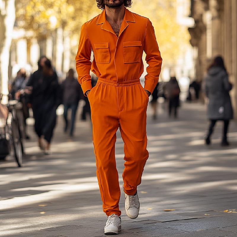 Men's Stylish Orange Lapel Long Sleeve Jumpsuit 9879142629560