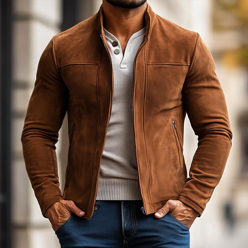 Men's Fashion Solid Color Suede Stand Collar Zipper Jacket 9886818369720