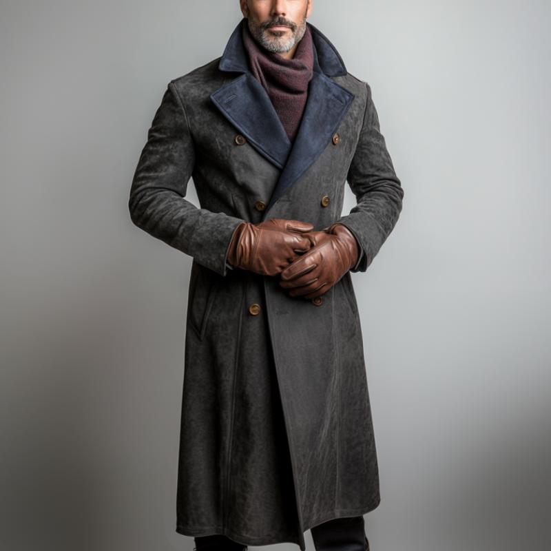 Men's Vintage Colorblock Suede Double Breasted Long Coat 9261106790584