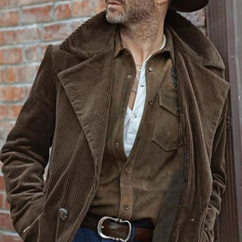 Men's Vintage Corduroy Lapel Single Breasted Mid-Length Trench Coat 9261112099000