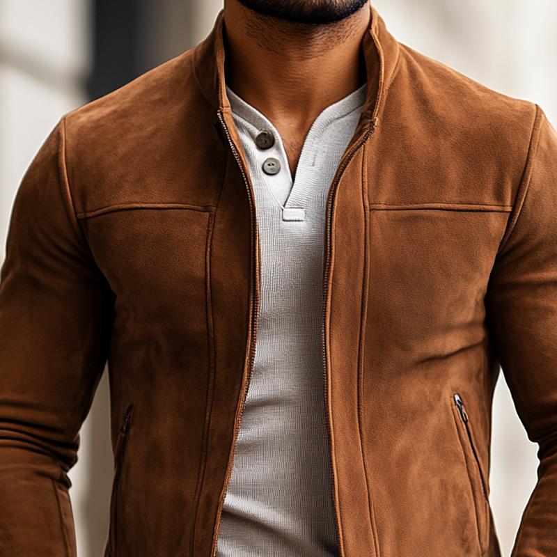 Men's Fashion Solid Color Suede Stand Collar Zipper Jacket 9886818369720