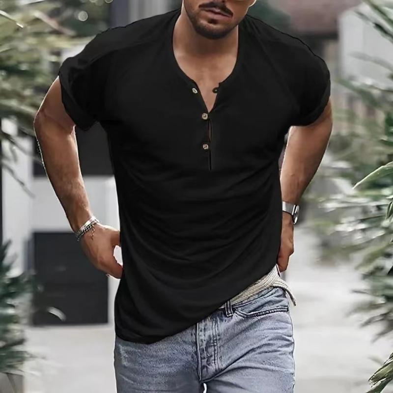 Men's Casual Solid Color Henley Collar Short Sleeve T-Shirt 9261136249016