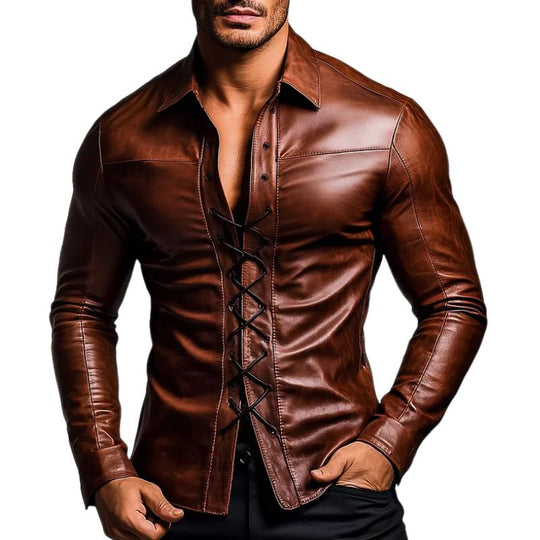 Men's Vintage Lapel Drawstring Leather Shirt 9888004210872