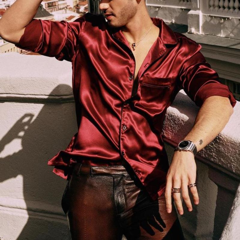 Men's Vintage Satin Lapel Loose Long Sleeve Shirt 9877644345528