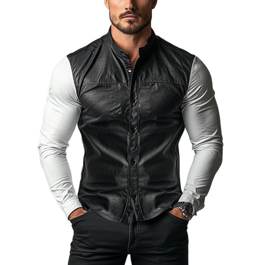 Men's Fashion Colorblock Stand Collar Single Breasted Leather Shirt 9887362777272