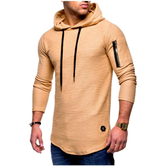 Men's Classic Casual Arm Zipper Solid Color Crew Neck Hooded Long Sleeve T-Shirt 9261141917880
