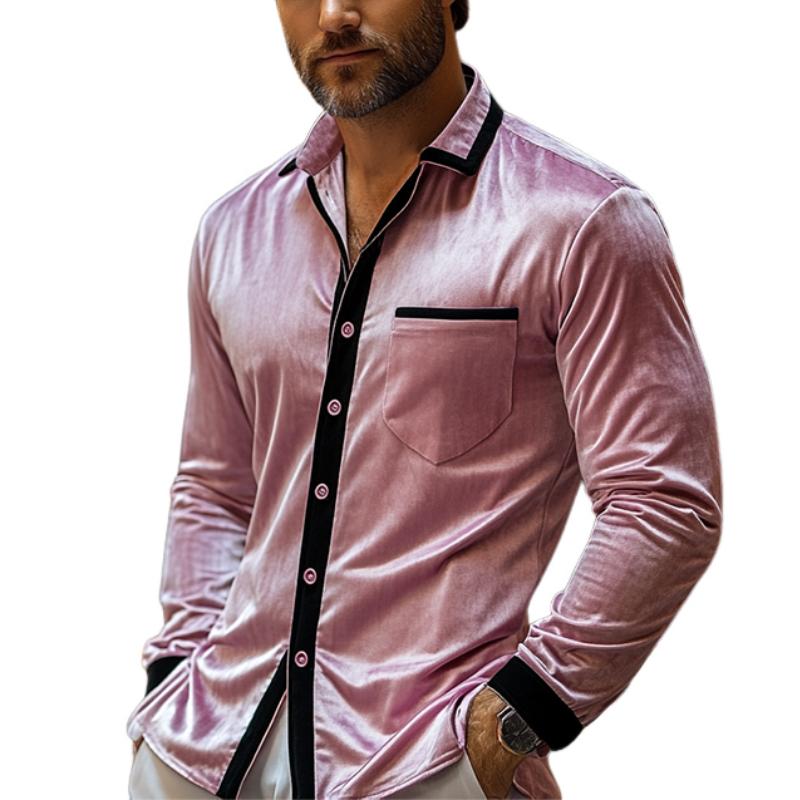Men's Retro Casual Contrast Color Velvet Long Sleeve Shirt 9883358953656