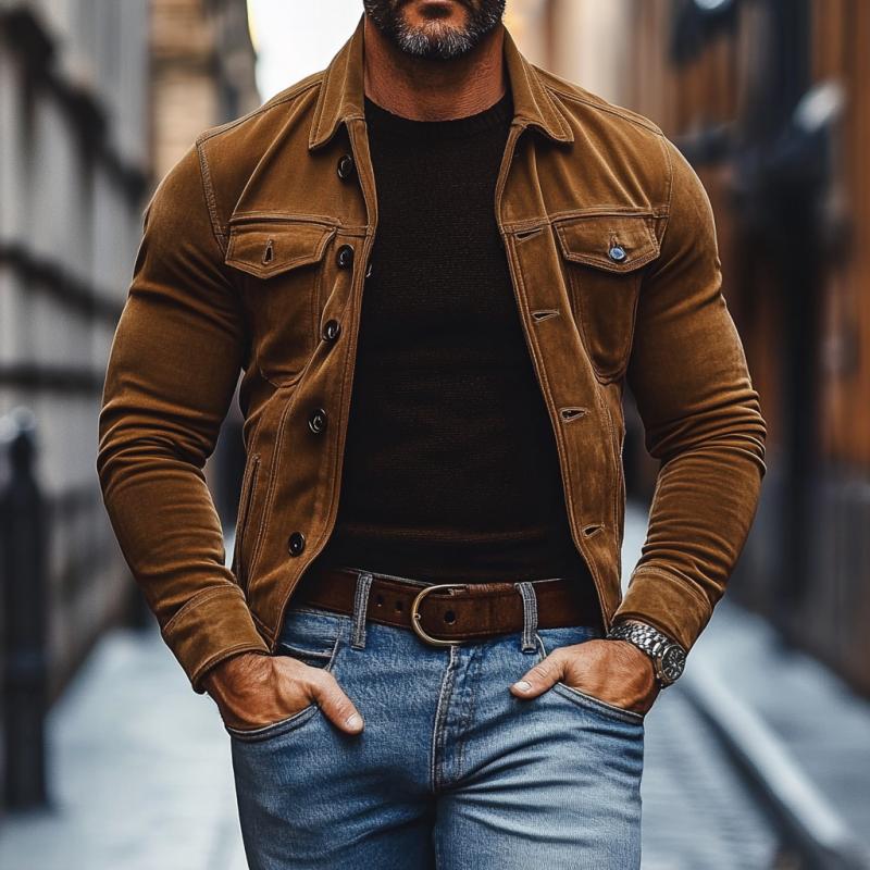 Men's Vintage Suede Lapel Multi-Pocket Slim Jacket 9261088342200