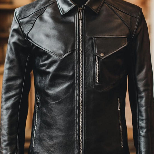 Men's Multi-Pocket Black Lapel Long Sleeve Leather Shirt 9879658922168
