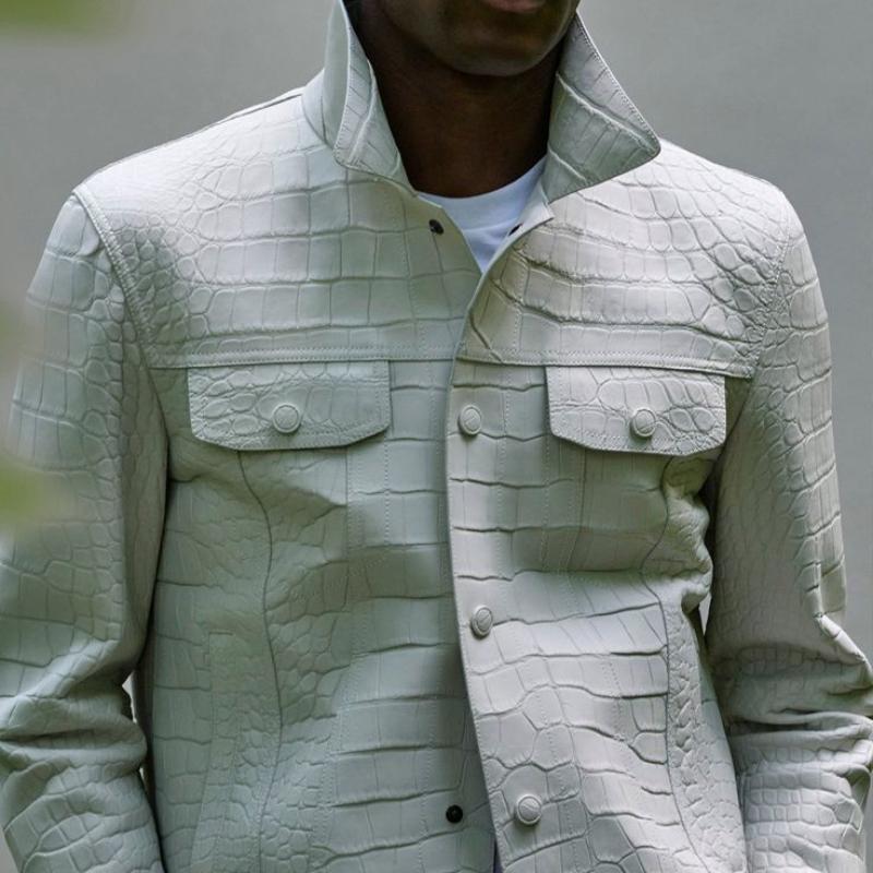 Men's Casual Fashion Lapel Multi-Pocket Textured Leather Jacket 9888007127224
