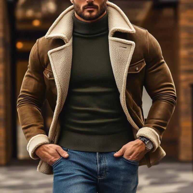 Men's Vintage Suede Lambswool Warm Notched Lapel Single Breasted Coat 9261104758968