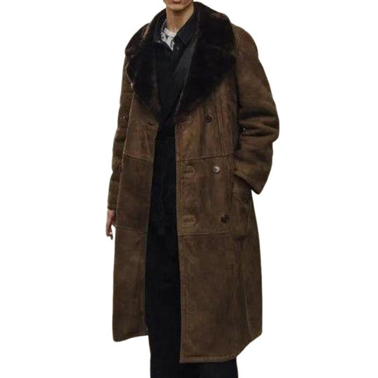 Men's Classic Retro Casual Quilted Fur Collar Suede Long Coat 9261109117112