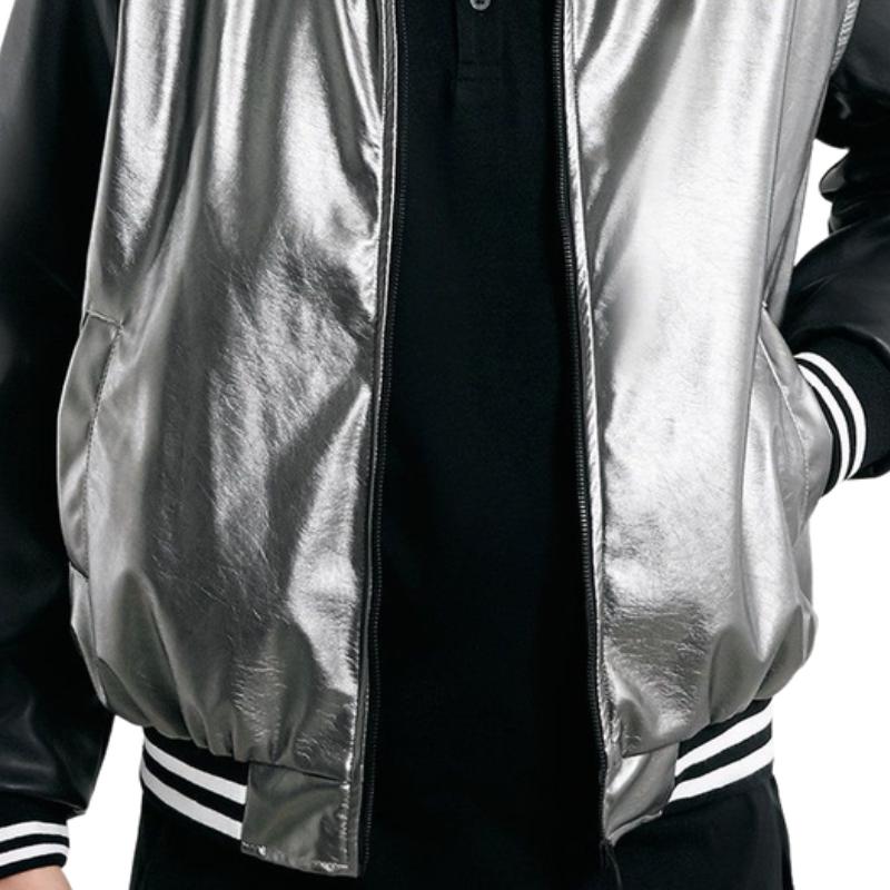 Men's Stylish Silver Leather Patchwork Baseball Jacket 9887361269944