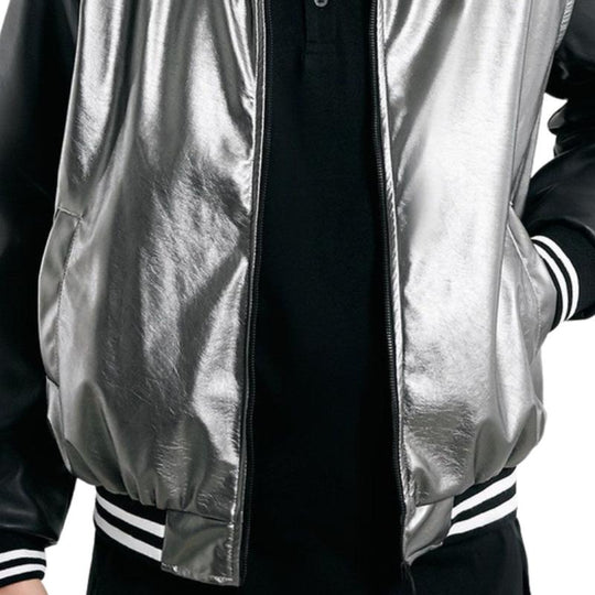 Men's Stylish Silver Leather Patchwork Baseball Jacket 9887361269944