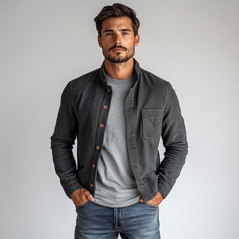 Men's Vintage Washed Stand Collar Single Breasted Jacket 9887363006648