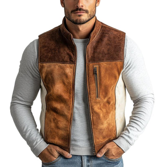 Men's Vintage Suede Colorblock Zipper Stand Collar Vest 9879659315384