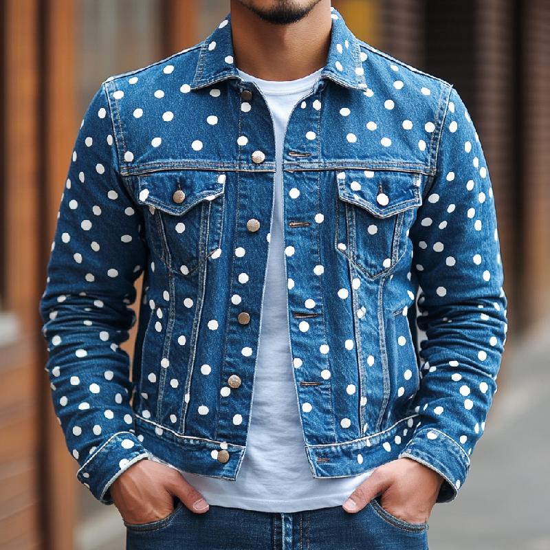 Men's Casual Lapel Polka Dot Denim Jacket 9886819254456