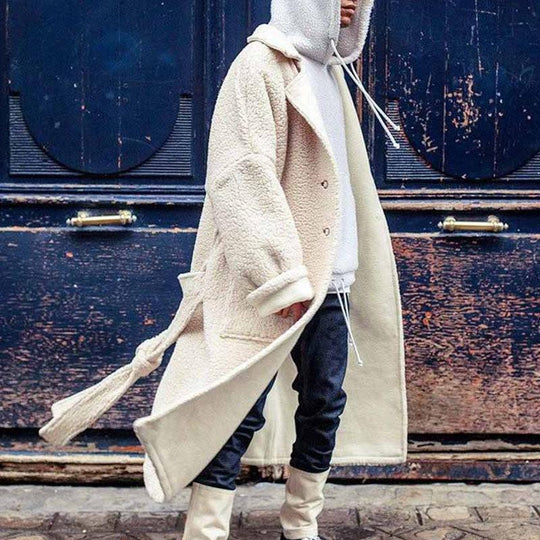 Men's Solid Color Loose Fleece Lapel Single Breasted Mid-length Coat 9261111902392