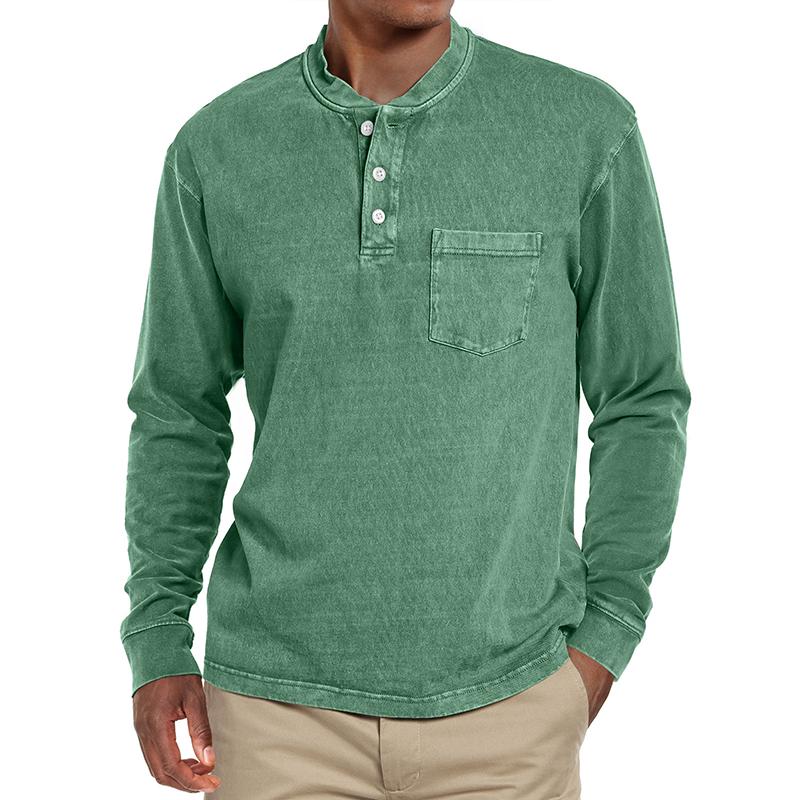 Men's Solid Henley Collar Chest Pocket Long Sleeve T-shirt 9261142278328
