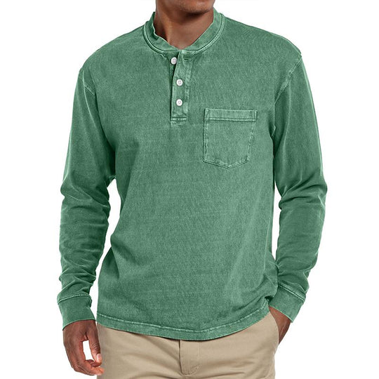 Men's Solid Henley Collar Chest Pocket Long Sleeve T-shirt 9261142278328