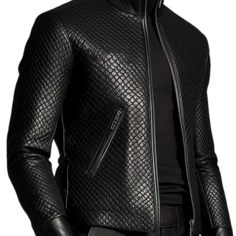 Men's Classic Stand Collar Zippered Textured Leather Jacket 9888005095608