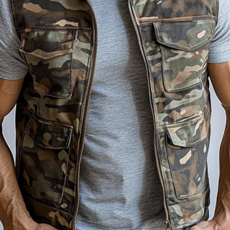 Men's Fashion Camouflage Washed Stand Collar Multi-Pocket Zipper Vest 9888005357752